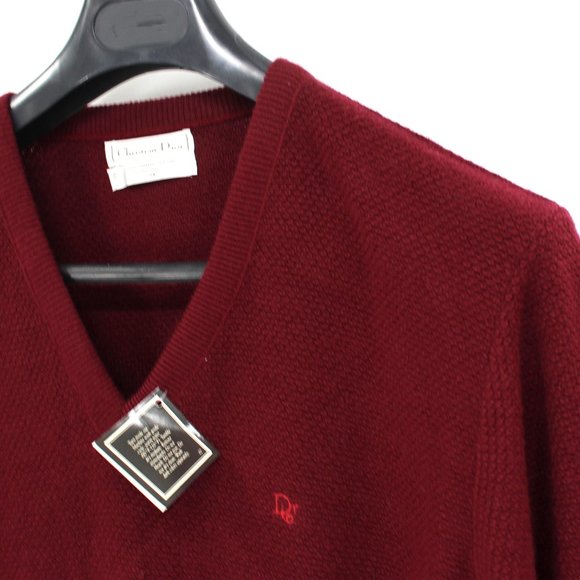 Christian Dior Wine Burgundy Woven Textured V-Neck Sweater XL NEW Orlon Acrylic - Picture 2 of 7
